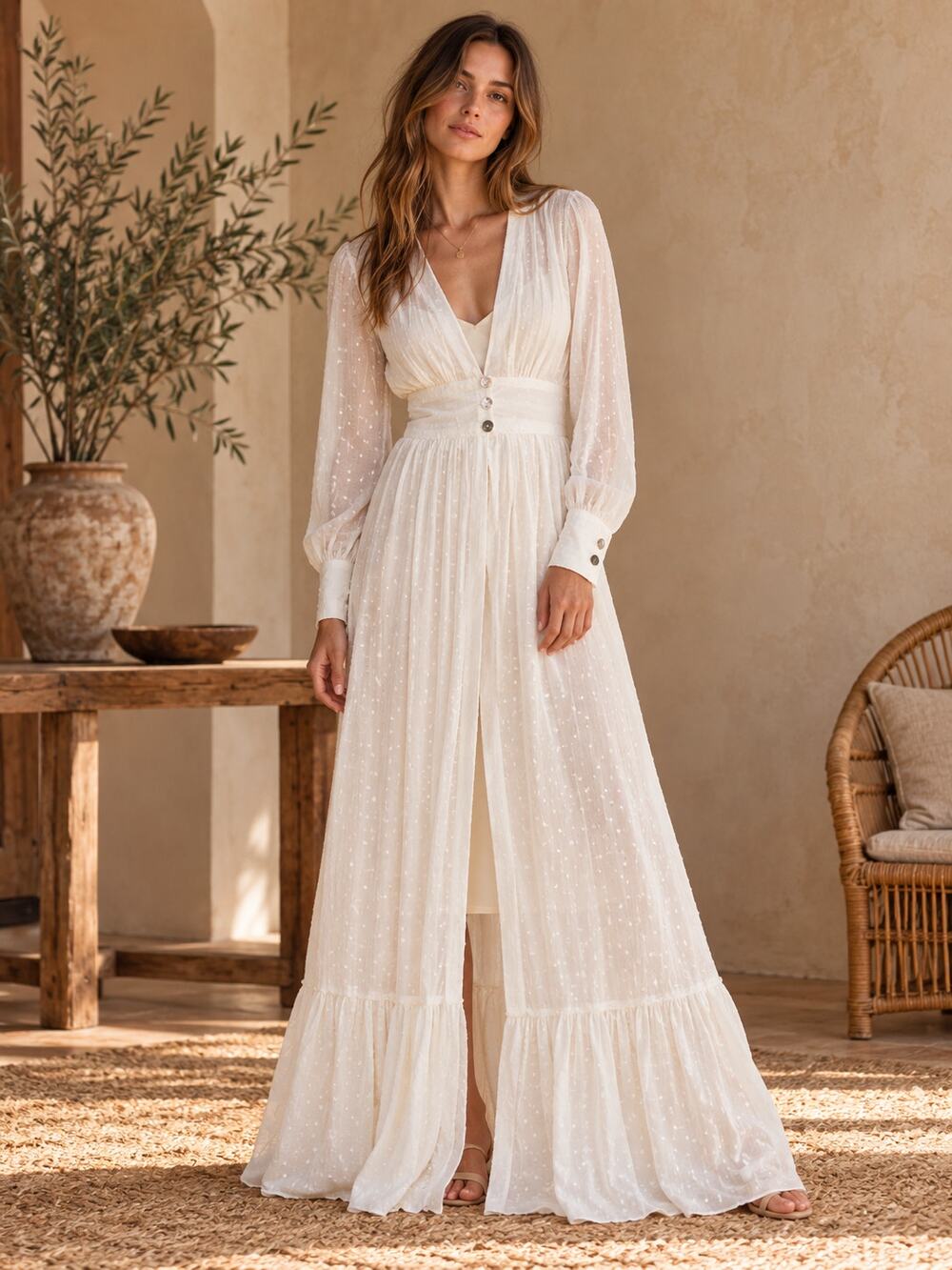 Rooey Knots White Swiss Dot Maxi Dress Duster M Boho Prairie Cottagecore Ruffle